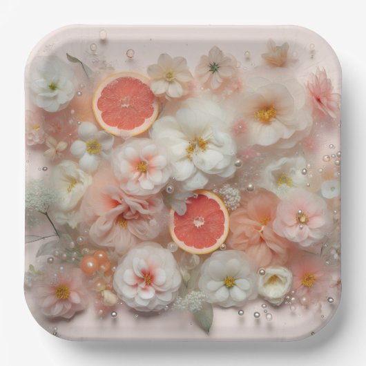 Assiettes En Carton Fleurs et pamplemousses Abstraites (Recto)