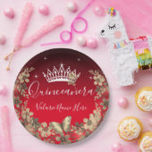 Assiettes En Carton Fleurs et papillon Quinceanera Or rouge (Fête)