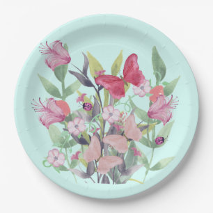 Assiettes En Carton Fleurs et papillons roses et rouges d'aquarelle