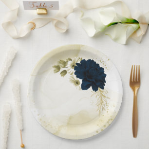 Assiettes En Carton fleurs Extraordinaires en ivoire bleu marine
