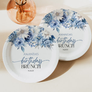 Assiettes En Carton Fleurs florales bleu Dusty Anniversaire Brunch Par