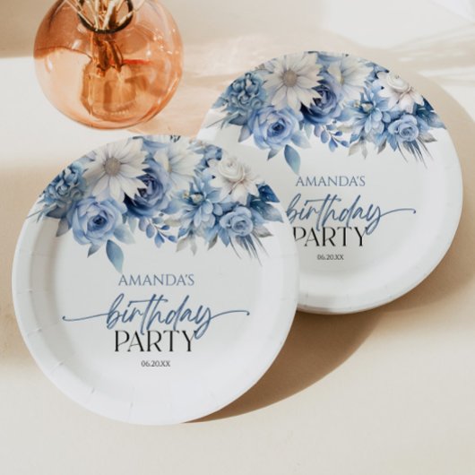 Assiettes En Carton Fleurs florales bleu Dusty Fête d'anniversaire