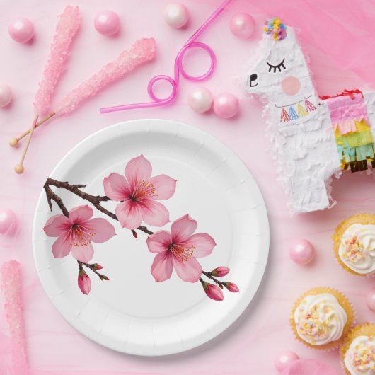 Assiettes En Carton Fleurs florales de cerisier rose blanc (Fête)