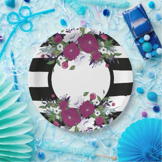 Assiettes En Carton Fleurs Florales Violettes Noires Et Blanches (Fête)