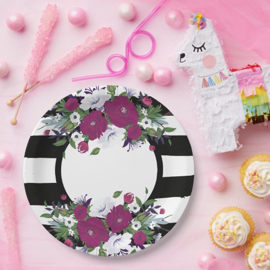 Assiettes En Carton Fleurs Florales Violettes Noires Et Blanches (Fête)