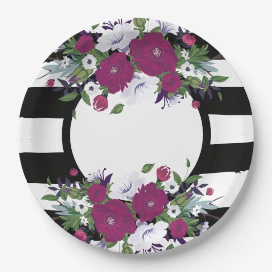 Assiettes En Carton Fleurs Florales Violettes Noires Et Blanches (Devant)
