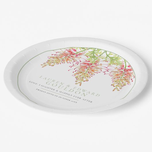Assiettes En Carton Fleurs Grevillea aquarelle mariage vert blanc (Angle)