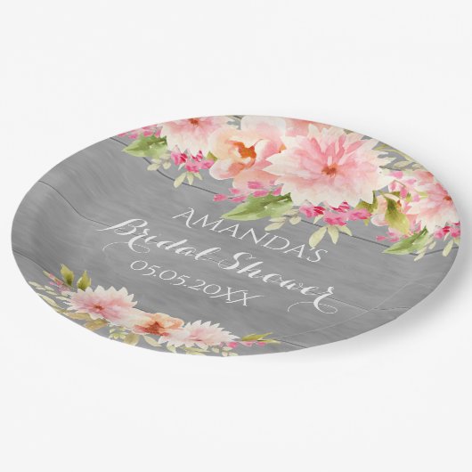 Assiettes En Carton Fleurs grises roses pour douche de mariée rustique (Angle)