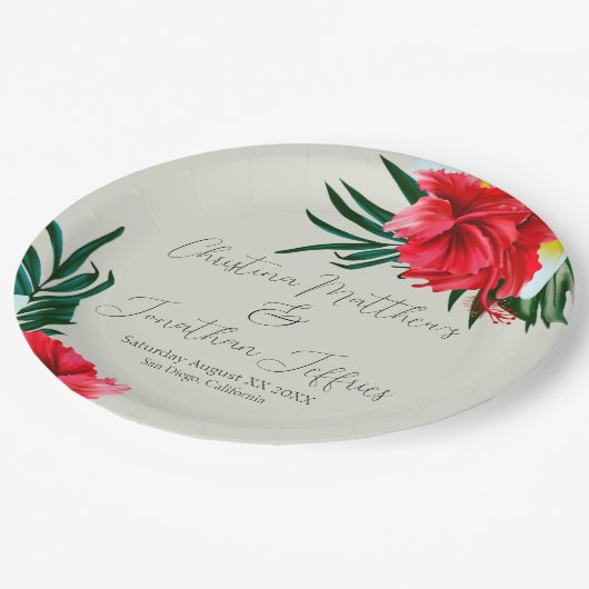 Assiettes En Carton Fleurs hawaïennes tropicales sur Elegant Sage Gree (Angle)