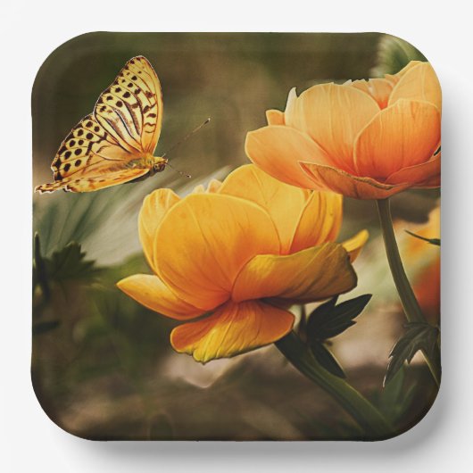 Assiettes En Carton Fleurs jaunes dorées et papillon (Recto)