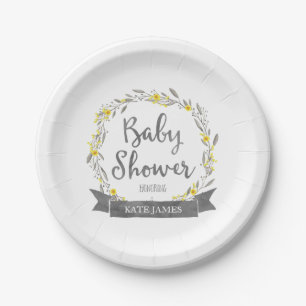 Assiettes En Carton Fleurs jaunes et Feuilles gris Baby shower de cour