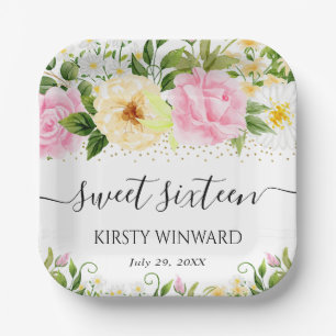 Assiettes En Carton Fleurs Jaunes et Roses à l'Aquarelle Sweet Sixteen