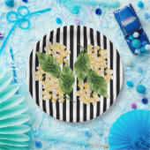 Assiettes En Carton Fleurs jaunes sur rayures noir et blanc (Fête)