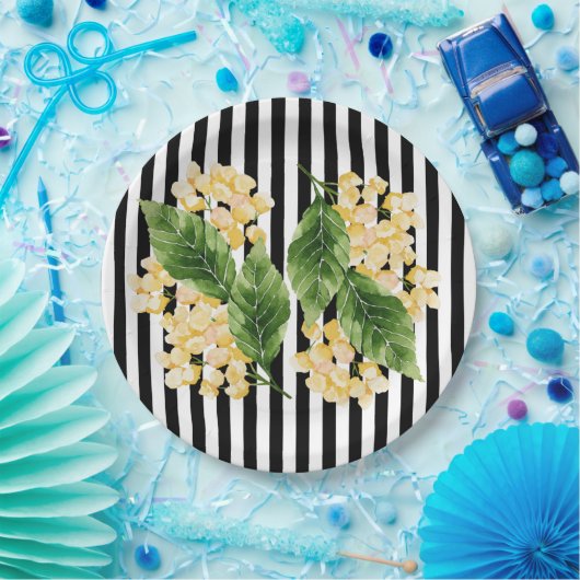 Assiettes En Carton Fleurs jaunes sur rayures noir et blanc (Fête)
