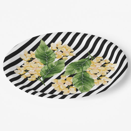 Assiettes En Carton Fleurs jaunes sur rayures noir et blanc (Angle)