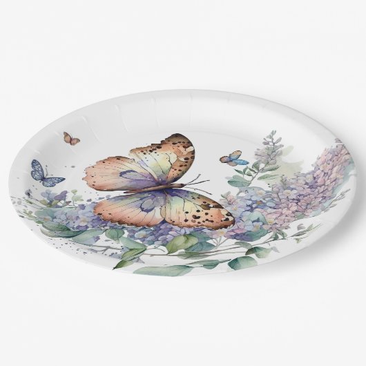 Assiettes En Carton Fleurs lilas romantiques et papillon (Angle)