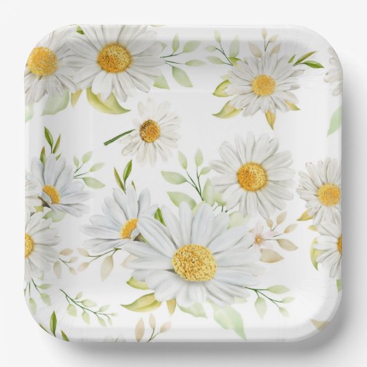 Assiettes En Carton Fleurs marguerites Anniversaire Douche Blanc Jaune (Recto)