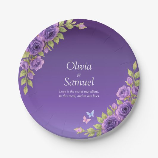 Assiettes En Carton Fleurs mauves violettes & Suite Mariage blanc 7" (Devant)