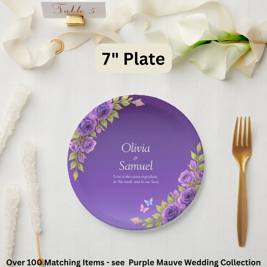 Assiettes En Carton Fleurs mauves violettes & Suite Mariage blanc 7"