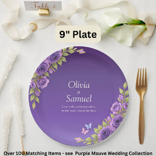 Assiettes En Carton Fleurs mauves violettes & Suite Mariage blanc 9"