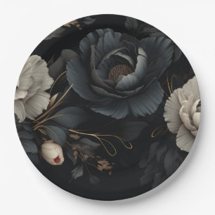 Assiettes En Carton Fleurs noires et blanches
