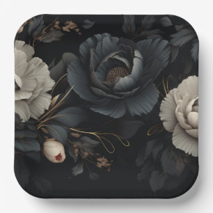 Assiettes En Carton Fleurs noires et blanches