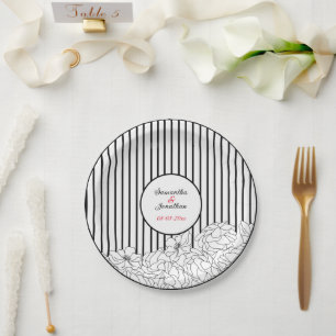 Assiettes En Carton Fleurs noires et blanches avec bandes