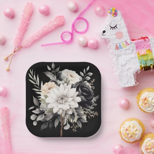 Assiettes En Carton Fleurs noires et grises (Fête)