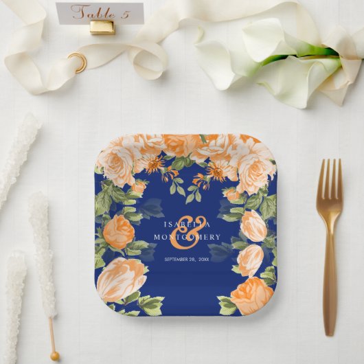 Assiettes En Carton Fleurs orange botaniques et marines (Mariage)