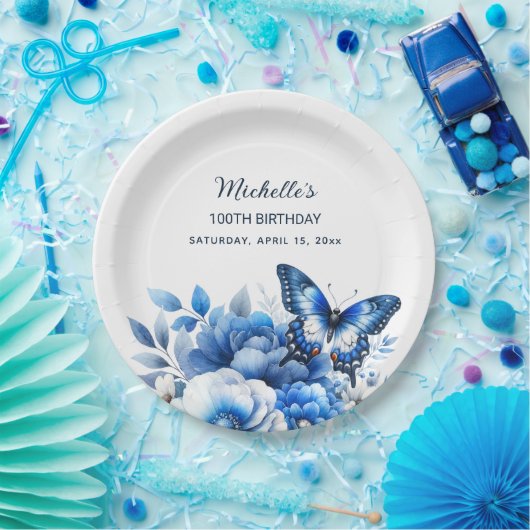 Assiettes En Carton Fleurs papillons bleues Élégant 100e anniversaire (Fête)