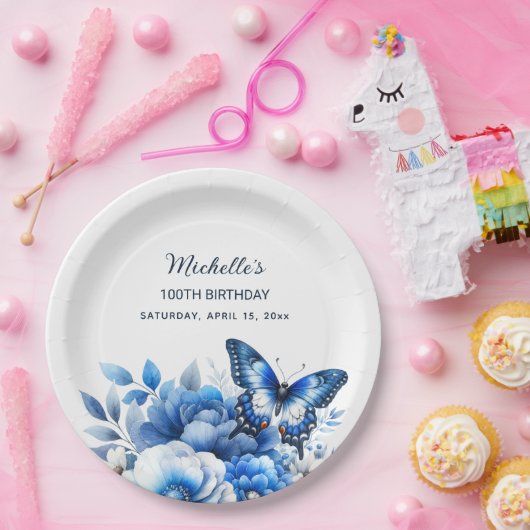 Assiettes En Carton Fleurs papillons bleues Élégant 100e anniversaire (Fête)