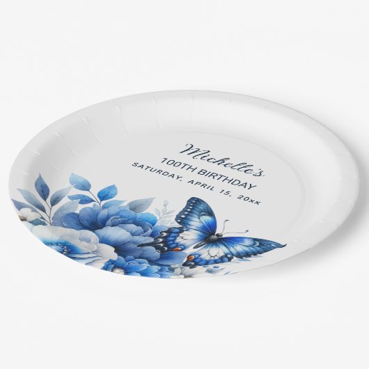 Assiettes En Carton Fleurs papillons bleues Élégant 100e anniversaire (Angle)