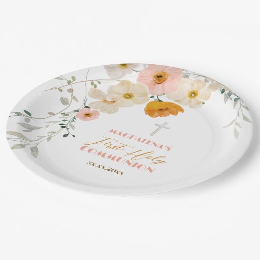 Assiettes En Carton Fleurs pastel et verdure Première communion sainte (Angle)
