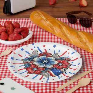 Assiettes En Carton Fleurs patriotiques en rouge blanc et 4 juillet bl