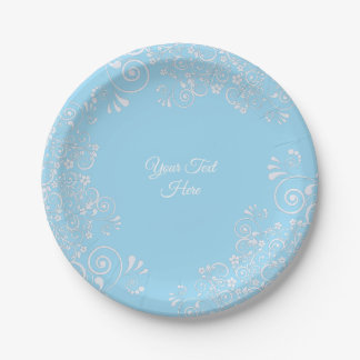 Assiettes En Carton Fleurs personnalisées bleu clair et blanc
