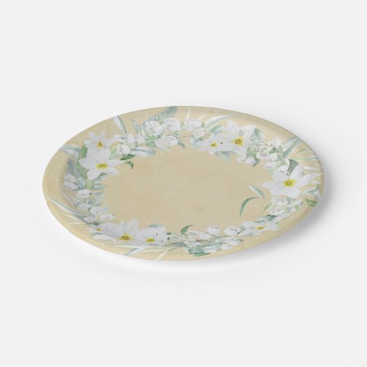 Assiettes En Carton Fleurs printanières dans une couronne florale blan (Angle)