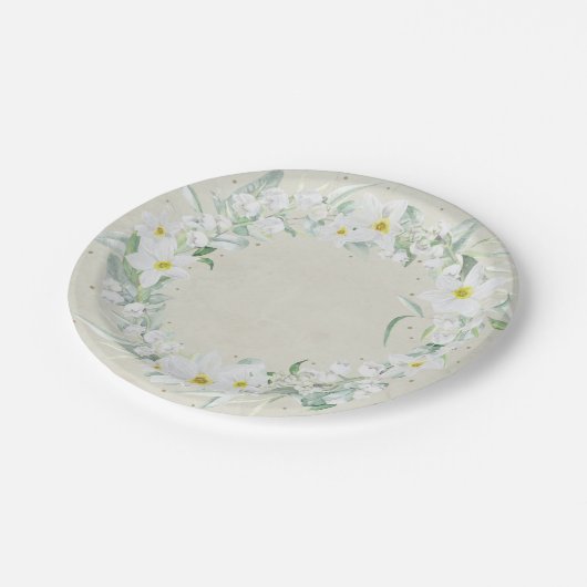 Assiettes En Carton Fleurs printanières en germe blanc (Angle)