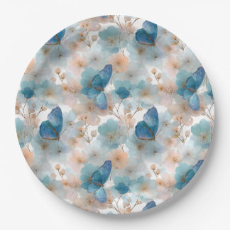 Assiettes En Carton Fleurs printanières vintage & Papillon bleu