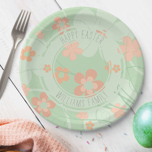 Assiettes En Carton Fleurs Rétro Corail Rose Vert Printemps Floral