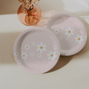 Assiettes En Carton Fleurs Rétro Daisy Rose Clair