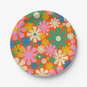 Assiettes En Carton Fleurs rétro Multi-Color 60s les années 70 motif f