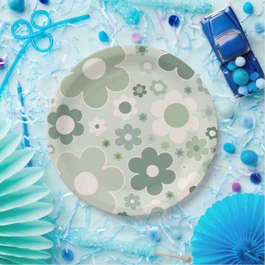 Assiettes En Carton Fleurs rétro Sage Vert Abstrait Floral (Fête)