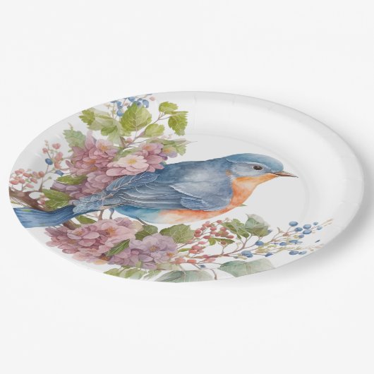 Assiettes En Carton Fleurs romantiques et oiseau bleu (Angle)