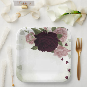 Assiettes En Carton fleurs rose et cabernet verdure