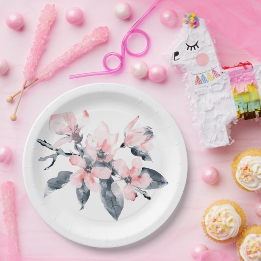 Assiettes En Carton Fleurs rose et gris Aquarelle classique (Fête)