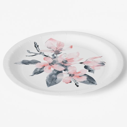 Assiettes En Carton Fleurs rose et gris Aquarelle classique (Angle)