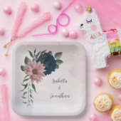 Assiettes En Carton fleurs rose et marine botanique (Fête)