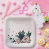Assiettes En Carton fleurs rose et marine botanique (Fête)