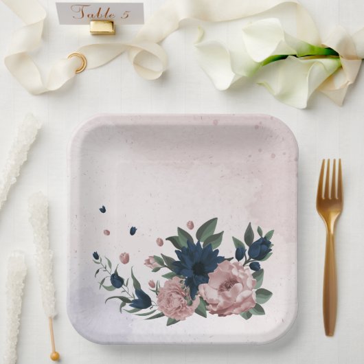 Assiettes En Carton fleurs rose et marine botanique (Mariage)