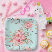 Assiettes En Carton Fleurs rose pâle sur bleu clair (Fête)